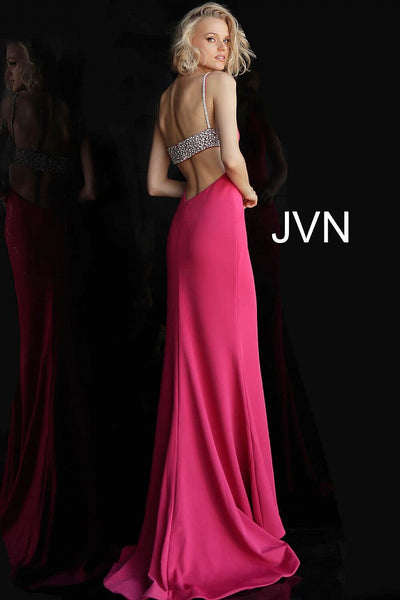 Fuchsia Plunging Neckline Embellished Back Prom Dress JVN68318 - Elbisny