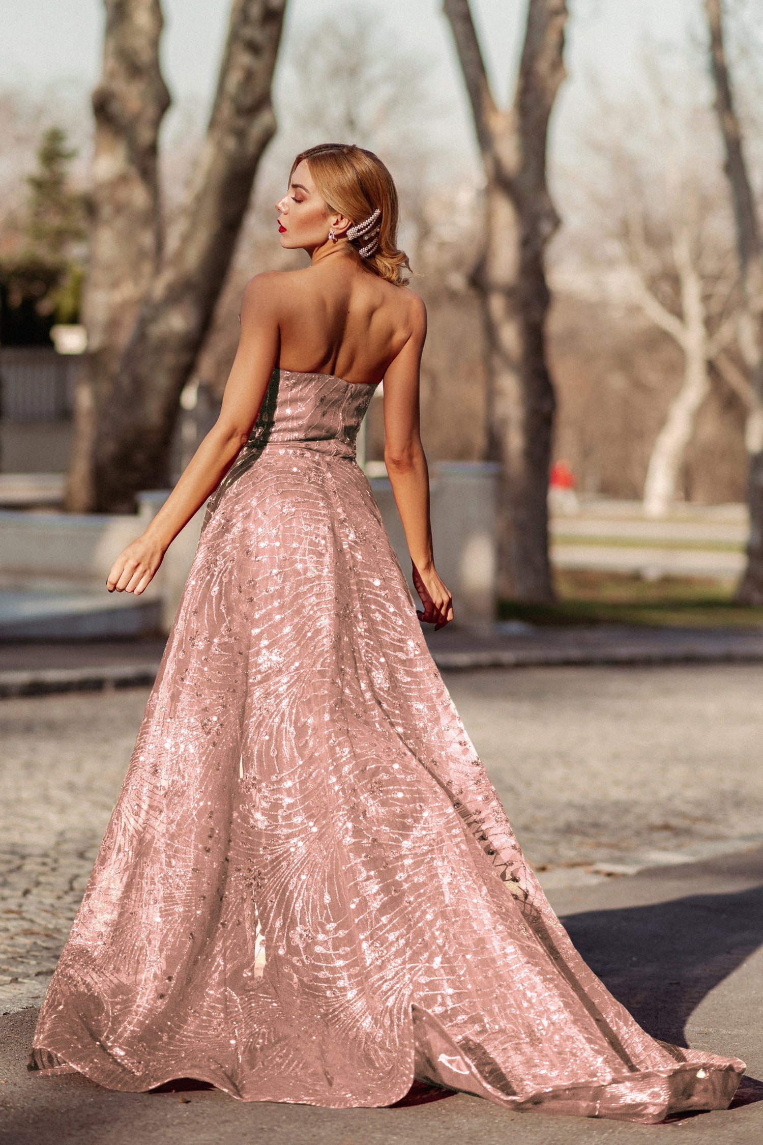 rose pink formal dress Furlla Women Light Pink Strapless Beaded Prom Dress A-Line Satin Gown with Corset Back, Light Pink / US6