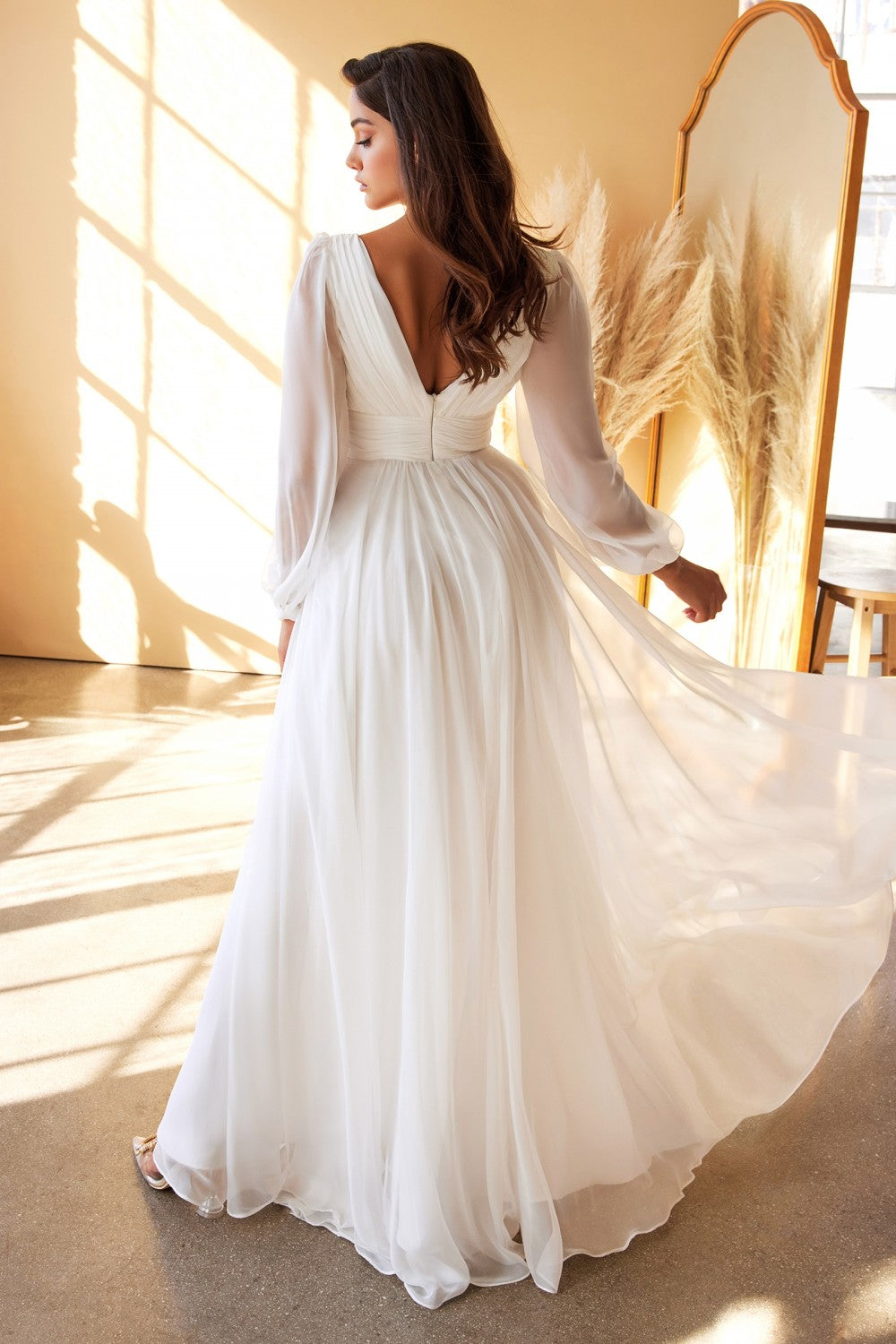 Flowy Chiffon Wedding Dress A-Line Floor Chiffon Long Sleeve Train Wedding Dress With Sequins US Flowy Chiffon Wedding Dress A-Line Floor Chiffon Long Sleeve Train Wedding Dress With Sequins US