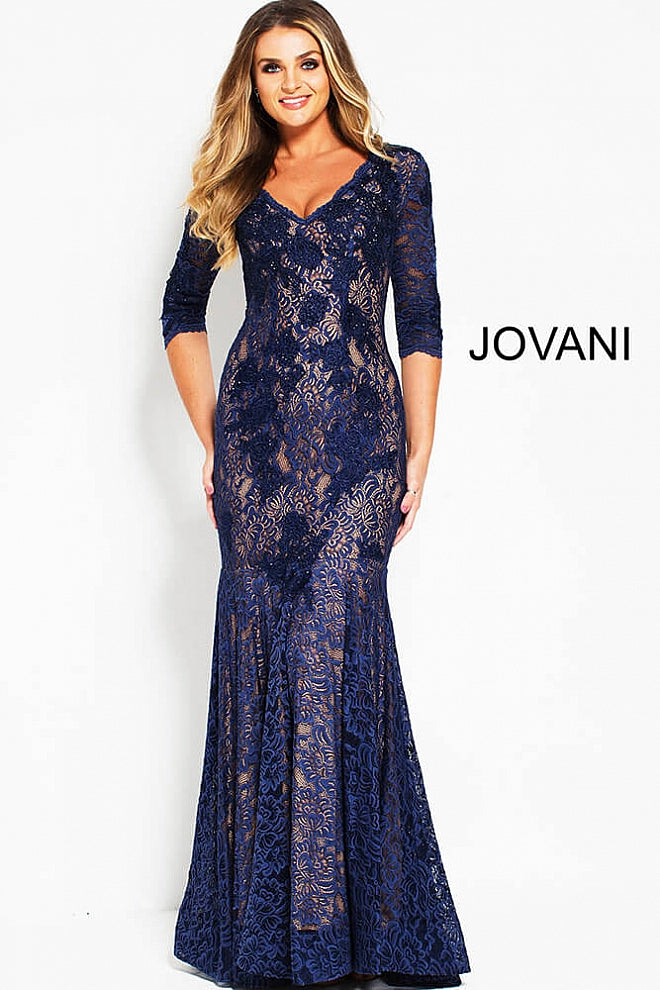 Navy V Neck Embroidered Lace Evening Jovani Dress 54835 - Elbisny